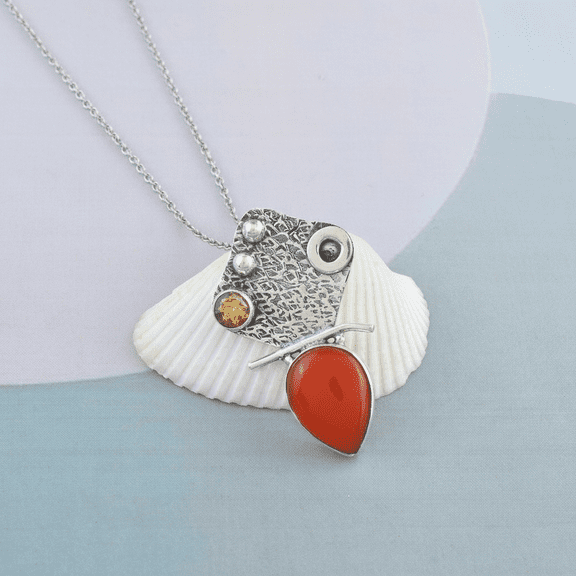 Sechi Sterling Silver Pendant Necklace For Women, Carnelian and Citrine, Natural Gemstone Jewelry