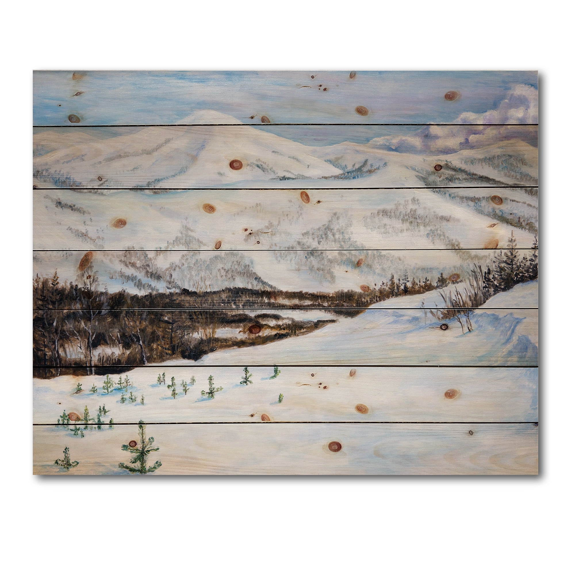 Designart 'Snow-Capped Mountains With Winter Landscape' Traditional Print on Natural Pine Wood