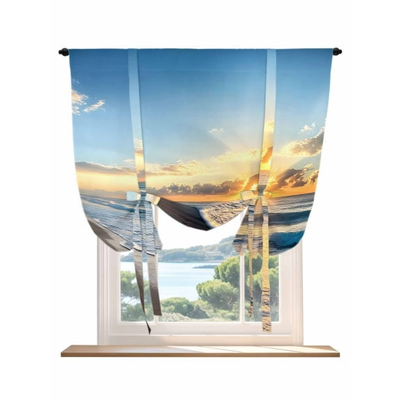 Beach Ocean Tie Up Curtains for Windows 63 Inch Length Balloon Curtains Kitchen Adjustable Balloon Window Shade Sunset Sea Waves Spray Sky Nature Landscape Tie Up Bathroom Curtain Window 42"x63"