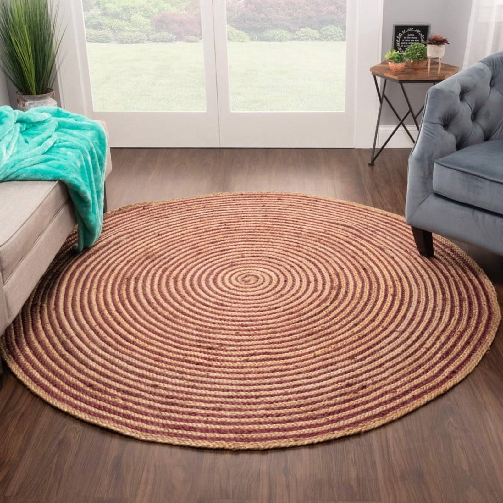 Jute Round Natural Braided Reversible Area Rug , Eco Friendly Rustic Farmhouse Boho Carpet for Living Room, Bedroom, Kitchen, Dining, Burgundy, 3 FT
