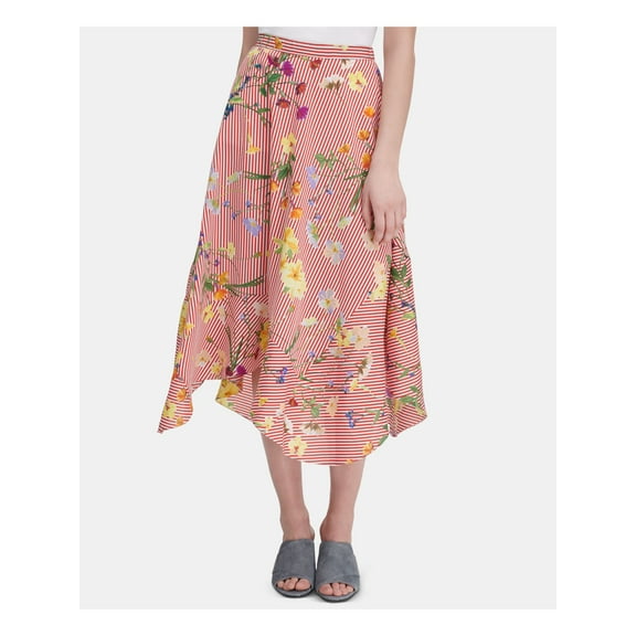CALVIN KLEIN $90 Womens New 0075 Red Printed Tea-Length Circle Skirt L B B