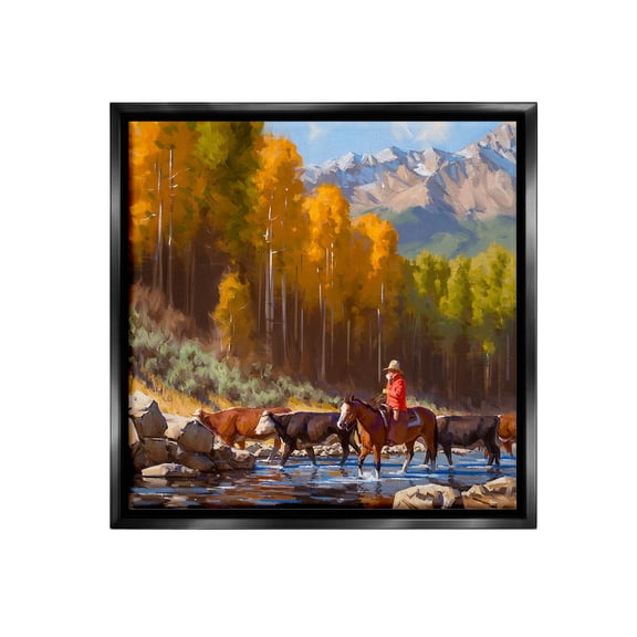 Stupell Industries Herding Cattle Through Stream Landscape Painting Black Floater Framed Canvas Art Print Wall Art, 18 x 18
