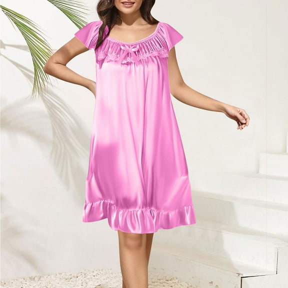 Voncos Women's Satin Nightgown -Lace Trim Ruffled Neck Short Flutter Sleeves Sleep Dress Soft Lightweight Sleepwear for Sleep & Lounge Pink S-M