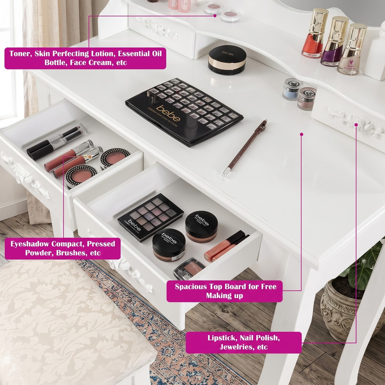 Furnibear Makeup Vanity Table Set with Dimmable Lighted Mirror 4 Drawers Cushioned Stool Wood Legs for Bedroom, White