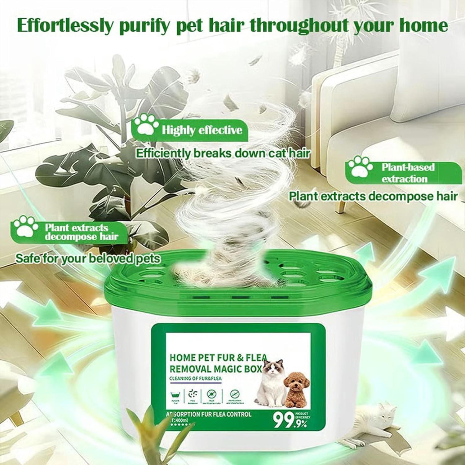 Home Pet Fur & Odor Removal Magic Box, Pet Hair Removal Magic Box, Automatic Pets Fur Collection All Day Long, Portable Odor Eliminator & Dust Collector for Bedroom, Living Room (1pcs)