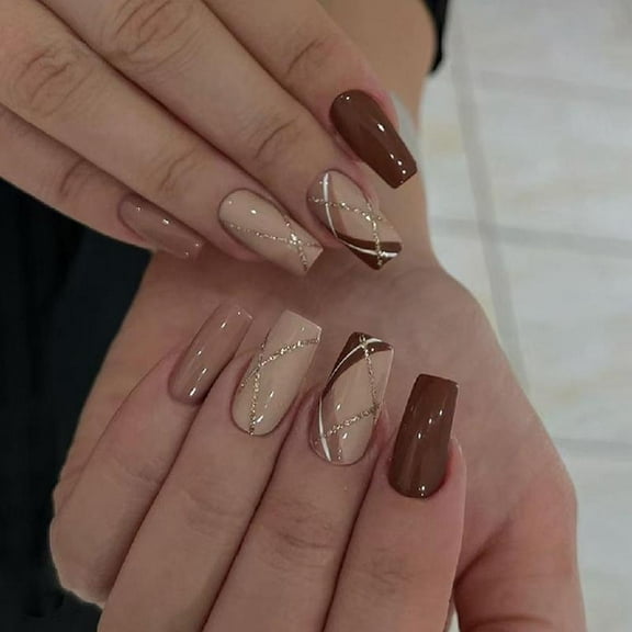 24 Pcs Grids Stick On Nails Glossy False Nails Ballerinas Press On Nails Glittering Artificial Acrylic Nails