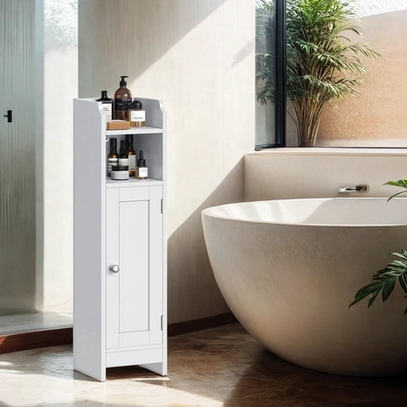 Ledrem Slim Corner Storage Cabinet with Door, Adjustable Shelves & Anti-Tip Design, Narrow Toilet Paper Organizer for Bathroom Living Room, 31.5 Inch, Cloud White