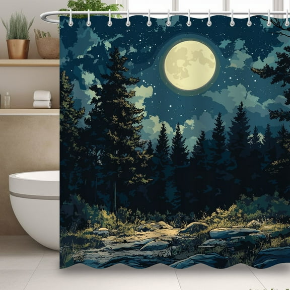 Modern Minimalist Shower Curtain, Forest Moon Print Shower Curtain, Simple Bathroom Decor with 12 Hooks