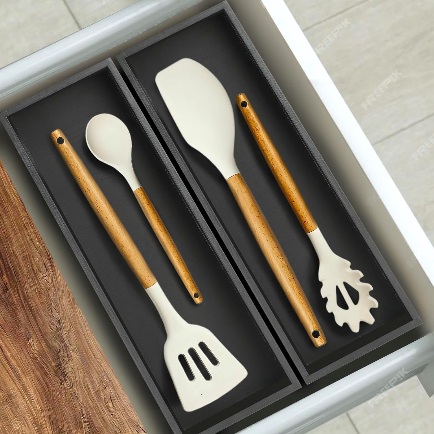 Bamboo Utensil Drawer Organizer, Stackable Silverware Organizer Tray Flatware Cutlery Storage Box for Kitchen - 17"x6"x2.5" (Set of 2)