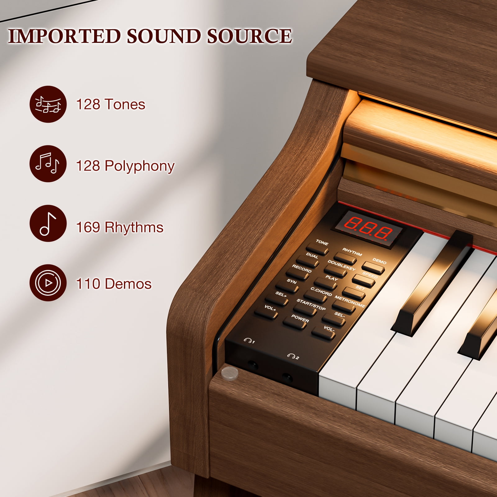 UMOMO U-732 88 Weighted Key Digital Piano with Adjustable Light, Hammer Action Electric Piano with Piano Stand, Full Size Electronic Piano Keyboard for Beginner, Adults, Brown