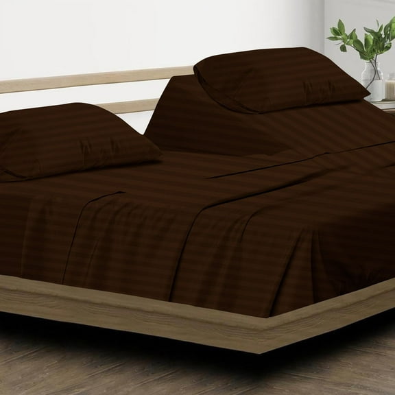 DNG Creations 4 Piece Split Top Queen Adjustable Flex Top Sheet Set 800 TC, 100% Egyptian Cotton 12 Inch Deep Pocket - 28" Split from The Top ( Stripe Chocolate )