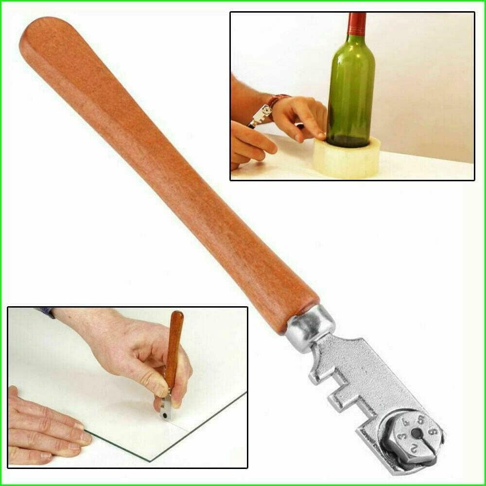 2PC Glass Knife with 6 Interchangeable Carbide Cutting Wheels Craft Cutting Kit Tool with Wooden Handle Ideal for Cutting and Scoring Glass Bottles, Mirrors, Window Glass, Shelves
