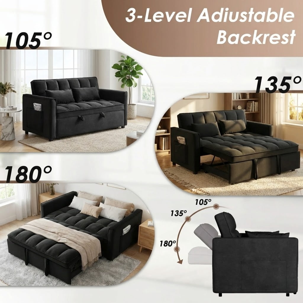 Xiweot 3 in 1 Convertible Sleeper Sofa Bed, 55" Pull Out Couch with Side Pockets, Velvet Loveseat Sofa with Adjustable Backrest for Living Room Bedroom Apartment (Black)