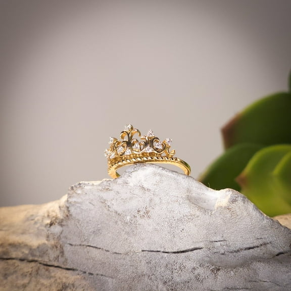 Silver & Stone Jewels Round Cut Cubic Zirconia 14K Yellow Gold Finish Women's Crown Ring