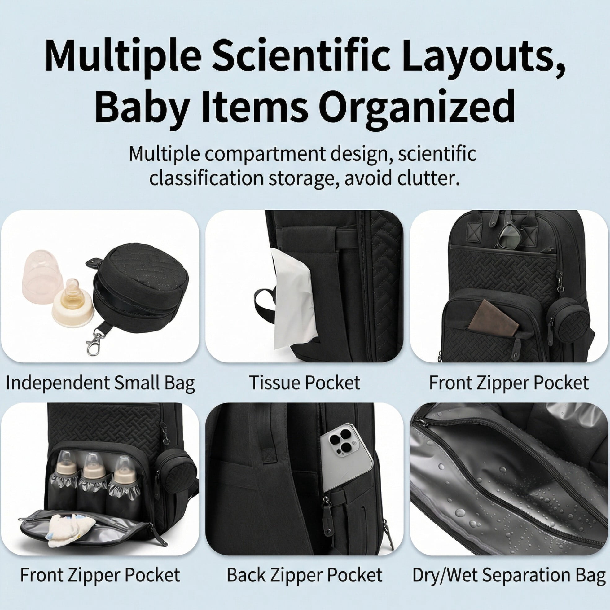Baby diaper bag, with changing pad, multi-functional baby diaper bag, portable diaper bag, diaper bag storage bag, with insulated bottle bag, suitable for both boys and girls, Black.