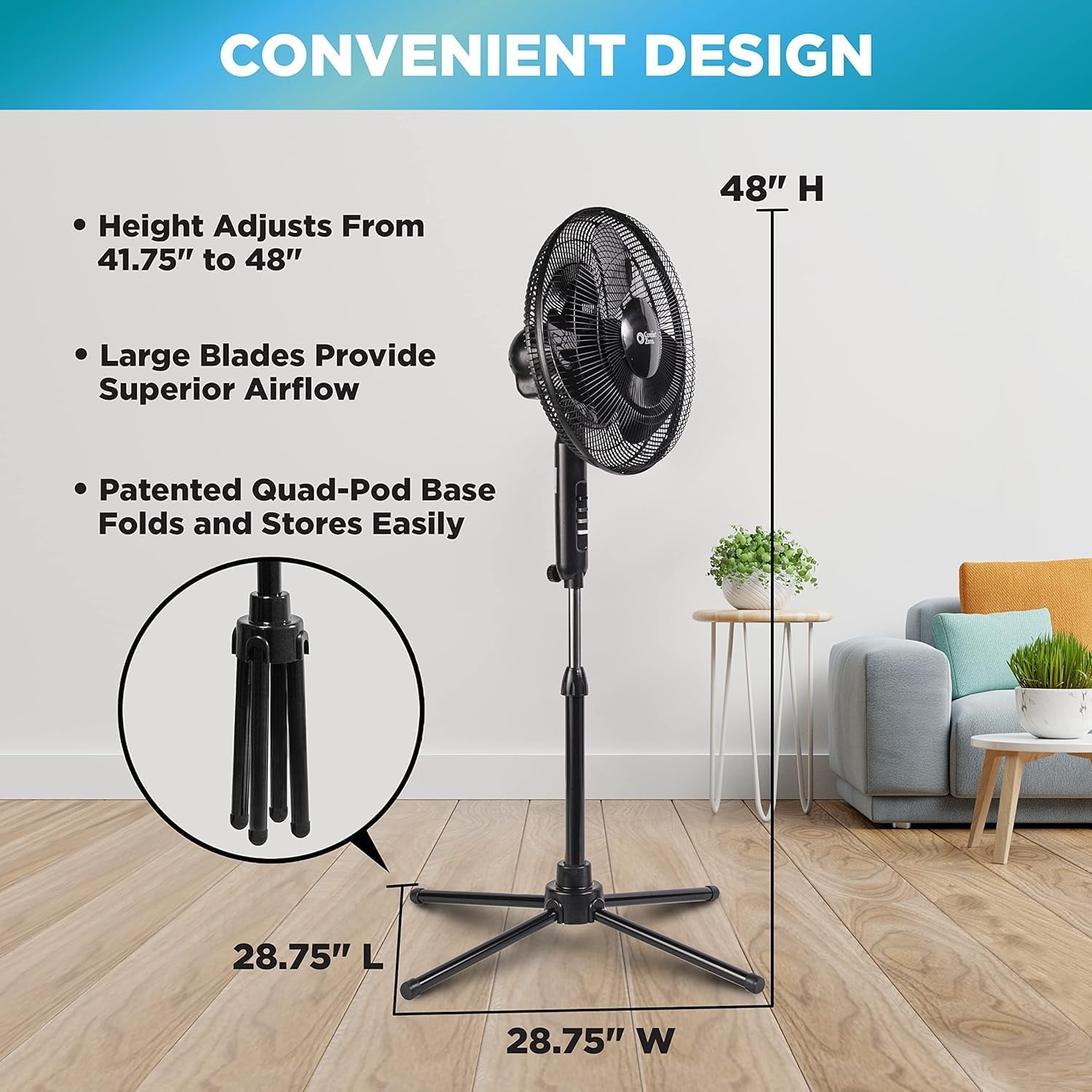 Comfort Zone 16 in. 3-Speed Adjustable-Height Pedestal Fan, Blue