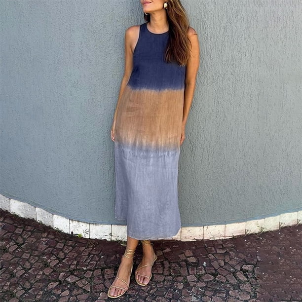 WILLBEST Maxi Vestidos de Mujer Vestido Largo Informal de Lino sin Mangas con Abertura y Degradado Teñido Anudado para Mujer XXXGrande