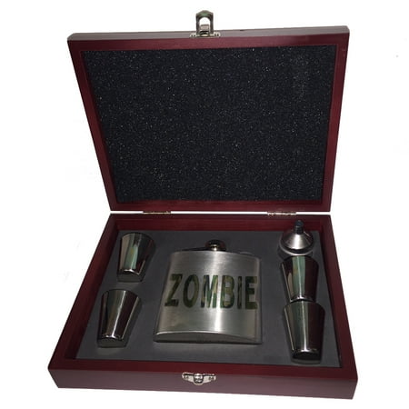 

KuzmarK 6 oz. Stainless Steel Flask Set in Rose Wood Presentation Box - Zombie Camoflauge