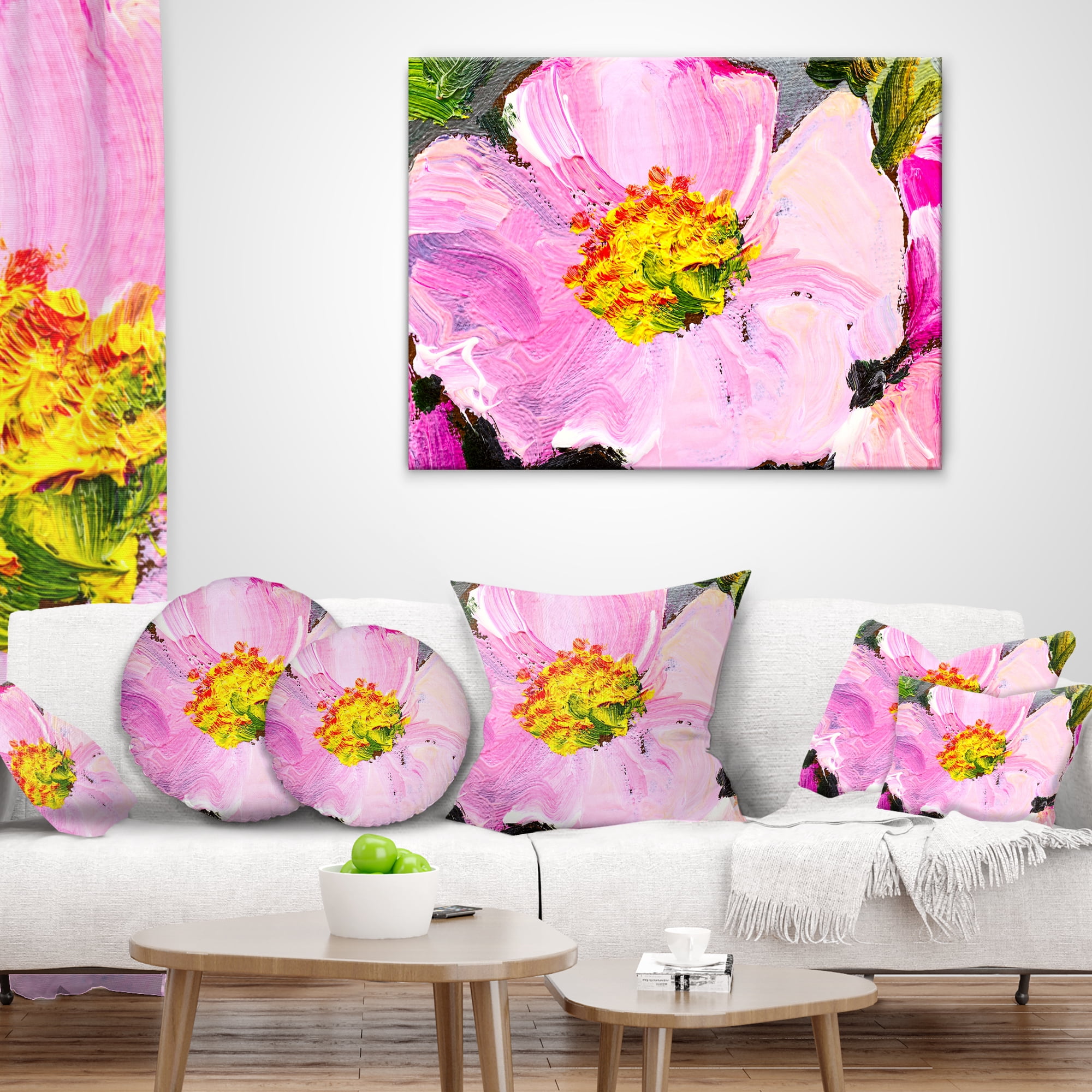 Designart Pink Flower Oil Painting - Floral Painting Throw Pillow - 18x18