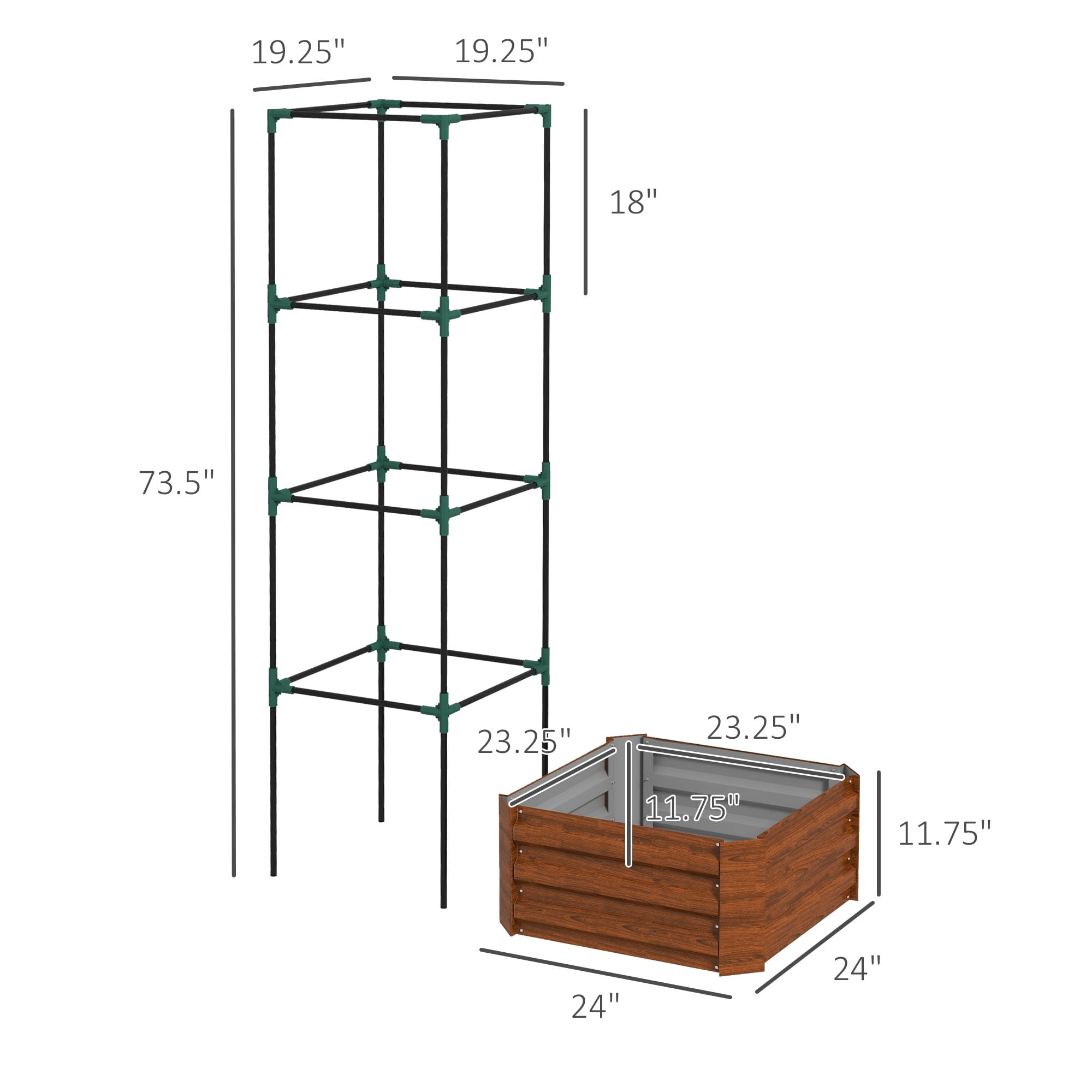 Galvanized Raised Garden Bed, Outdoor Planter Box with Trellis Tomato Cage and Open Bottom for Climbing Vines, Vegetables, Flowers in Backyard, Garden, Patio, Brown 24" x 24" x 11.75"