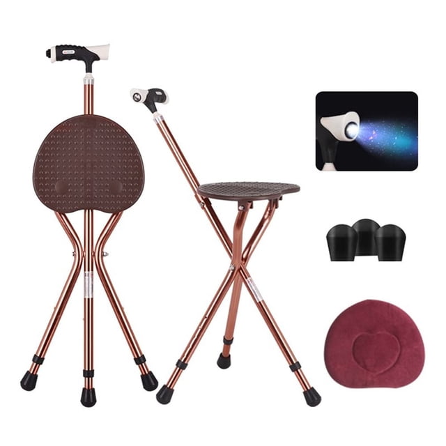 Bastón plegable ajustable con asiento, gran capacidad, ligero, con luz LED y 3 patas retráctiles, ideal para personas mayores, ayuda para viajes al aire libre.