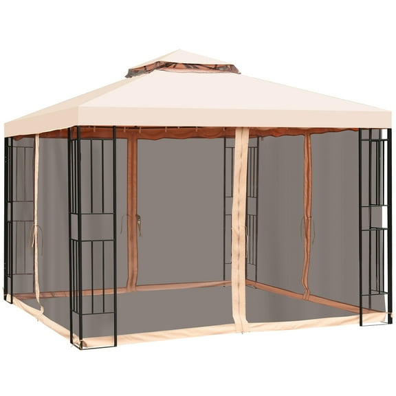 Topbuy 10'x10'Outdoor Canopy Gazebo Art Steel Frame 2-Tiers Party Patio Large Canopy Gazebo W/Netting&Side Walls