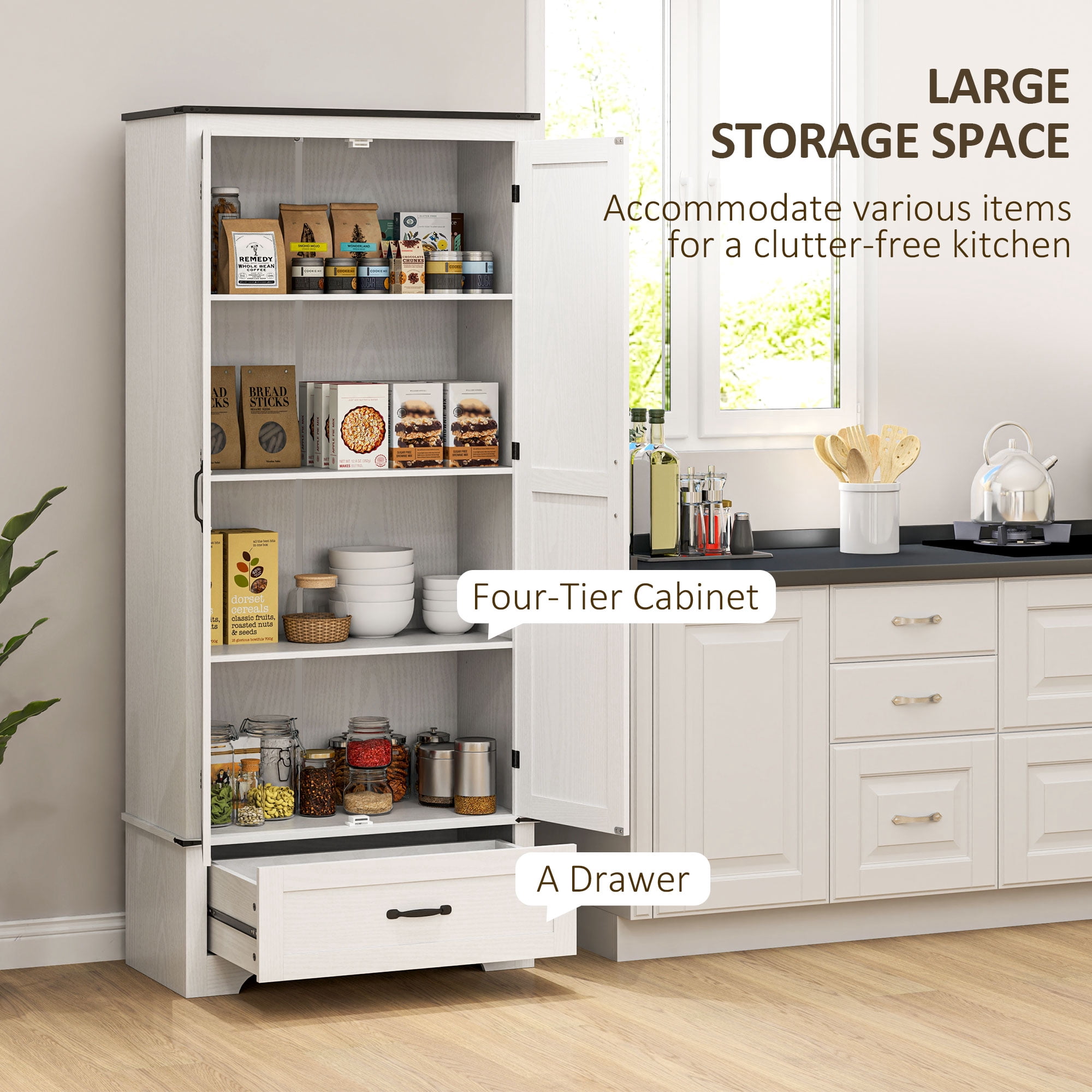 HOMCOM Farmhouse Pantry Cabinet, Kitchen Pantry Cabinet, Distressed White