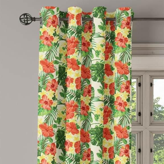 Ambesonne Tropical Grommet Curtain Single Panel, Exotic Flowers Pattern, 50"x60", Red Pale Yellow Green