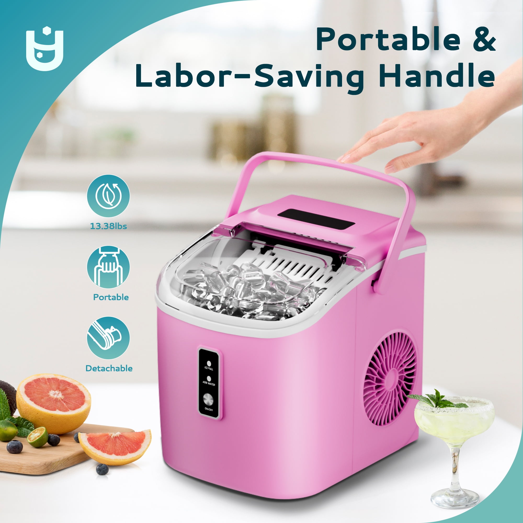 EUHOMY Countertop Ice Maker 26 lbs/Day Portable Self-Cleaning, 9 Bullet Ice in 6 Min, Pink