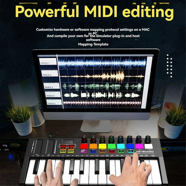 Mini Portable MIDI Control Keyboard, USB, Sequencer Keyboard, Backlit D Pads, 8 Knobs, OLED, 25-K