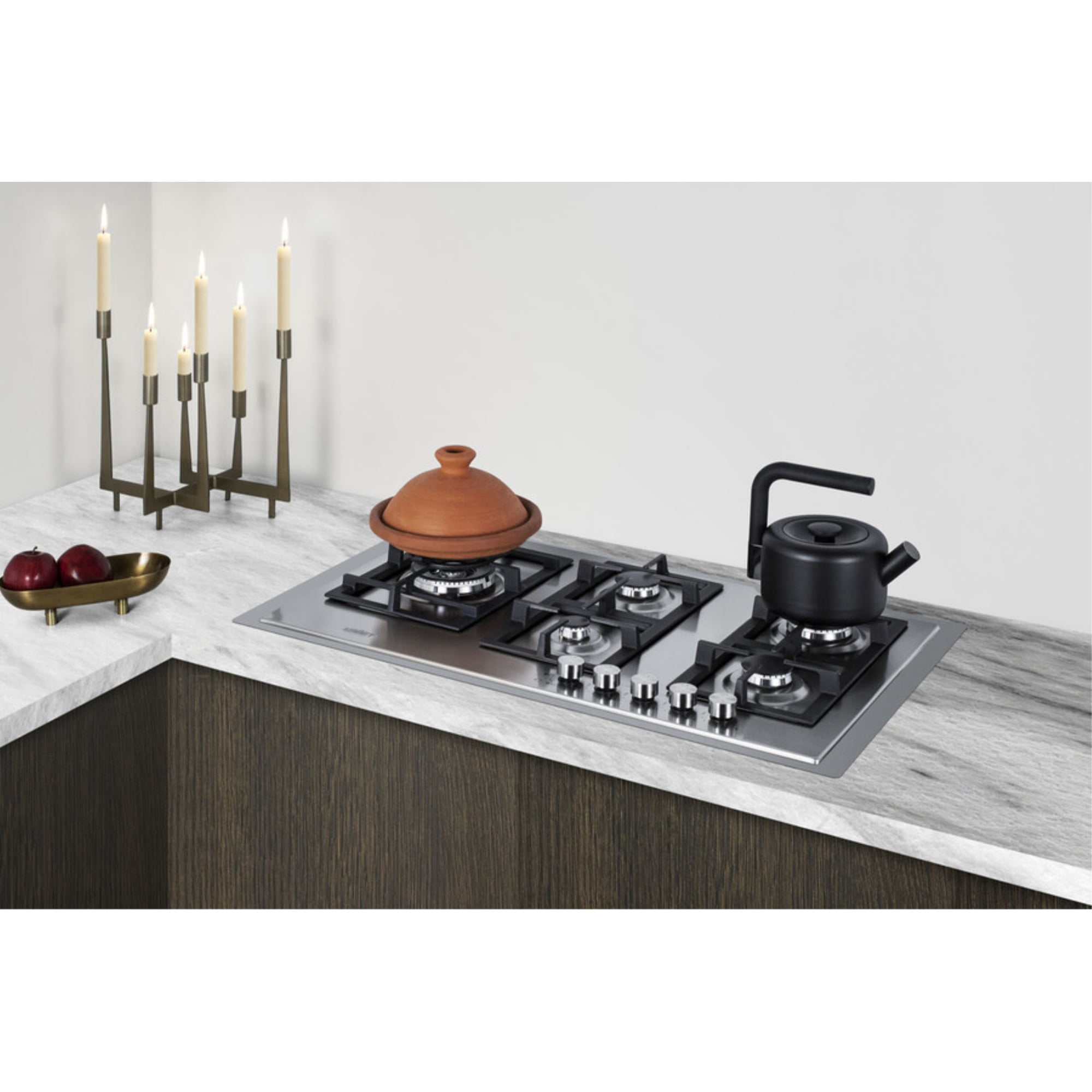 5-burner gas cooktop made in Italy in stainless steel with 36" wide SS trim kit, sealed dual flame burner, cast iron grates, and wok stand