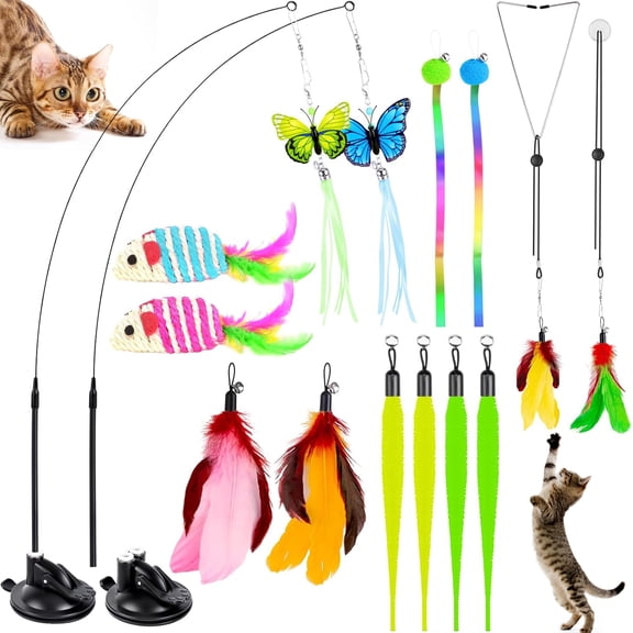 URRU Cat Toy,4 in 1 Indoor Cat Interactive Toys,14Pcs Durable Teaser Cat Toy Replacements,Interactive Cat Feather Toys with Hanging Door Kitten Wand Suction Cup Feathers Ball Mice Butterfly Streamer