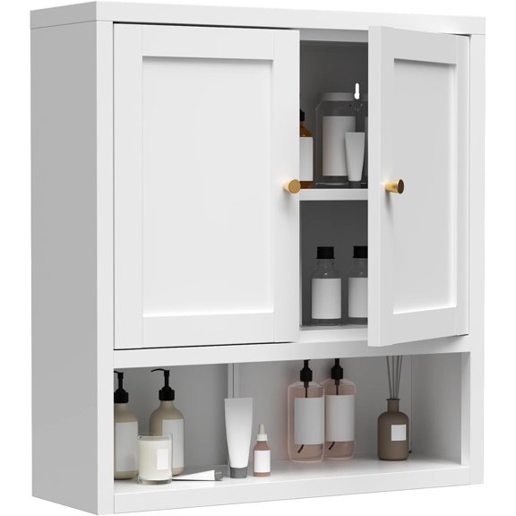 Bathroom Wall Cabinet, Metal 2-Shelf Wall Mounted Cabinets 21.5" x 7.8" x 23.6" White Small Medicine Cabinet with 2 Doors for Kitchen, Mudroom Laundry Room