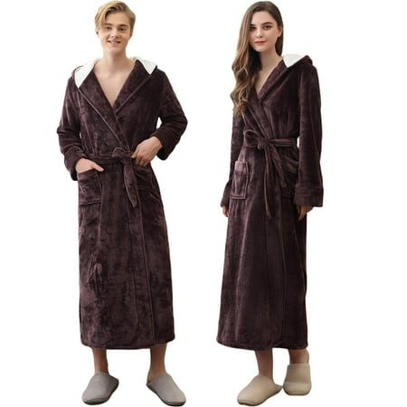 

Unisex Warm Fleece Robe with Hood Long Faux Fur Plush Bathrobe