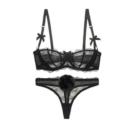 

Varsbaby Women s Lace Demi-Cup Bra Lace Thongs with Detachable Rabbit Tail