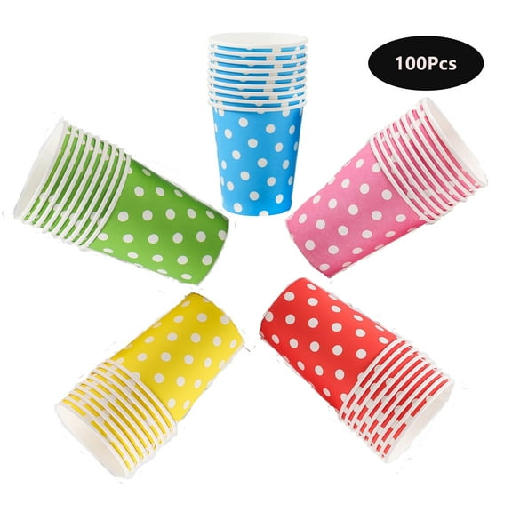 100 Pcs Paper Cups, 9 Oz Colorful Dots Disposable Coffee Cups(5 Color)
