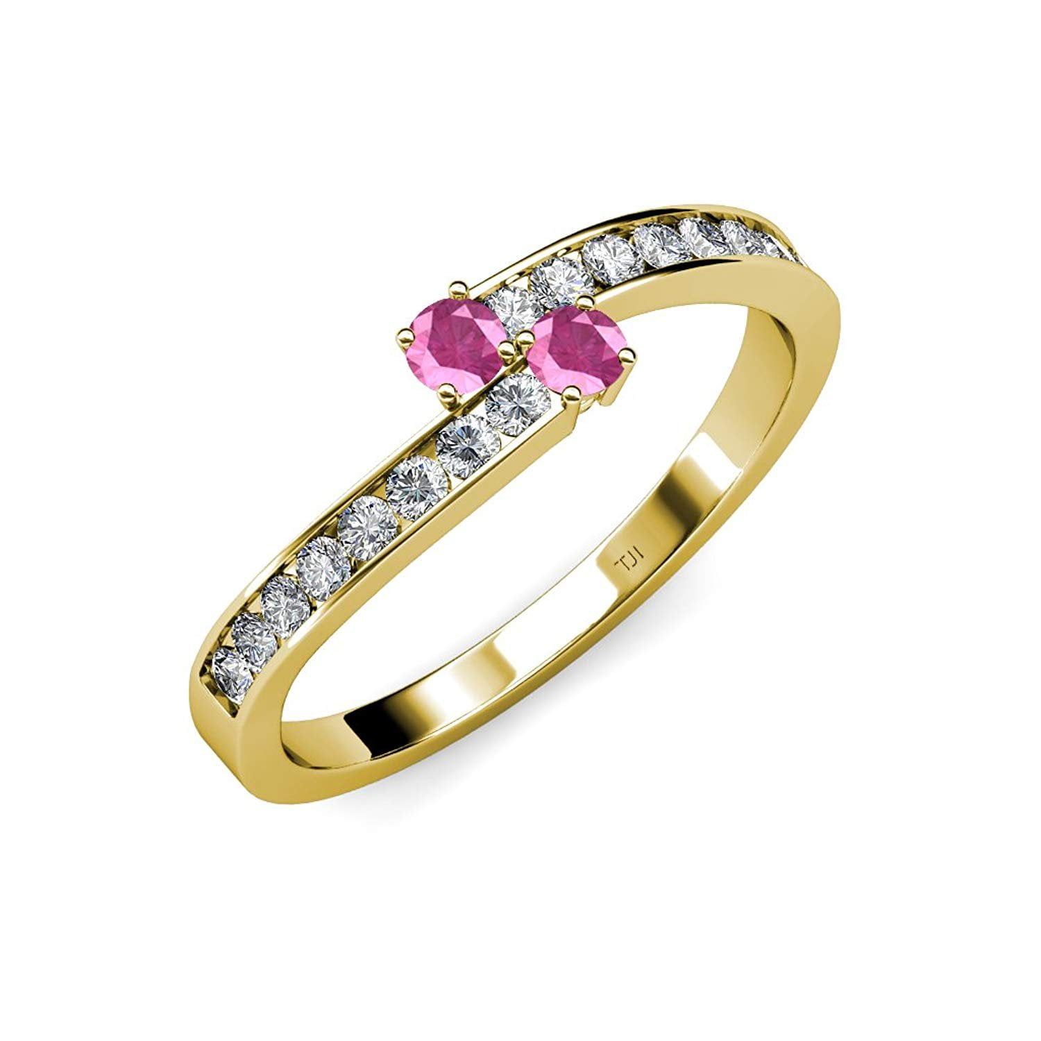 Pink Sapphire 2 Stone with Side Diamonds Bypass Engagement Ring 0.88 ct tw in 14K Yellow Gold.size 6.0 by TriJewels