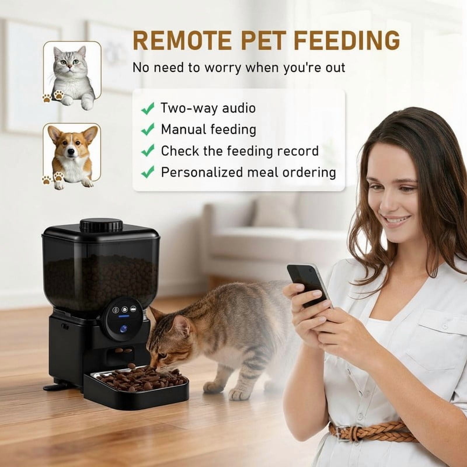 Topchances Automatic Pet Feeder, Dog Cat Food Dispenser with HD Camera, Smart Timed, APP Control, Dual Power Supply, Anti-Jam Design, 6.5L Large Capacity (Black)