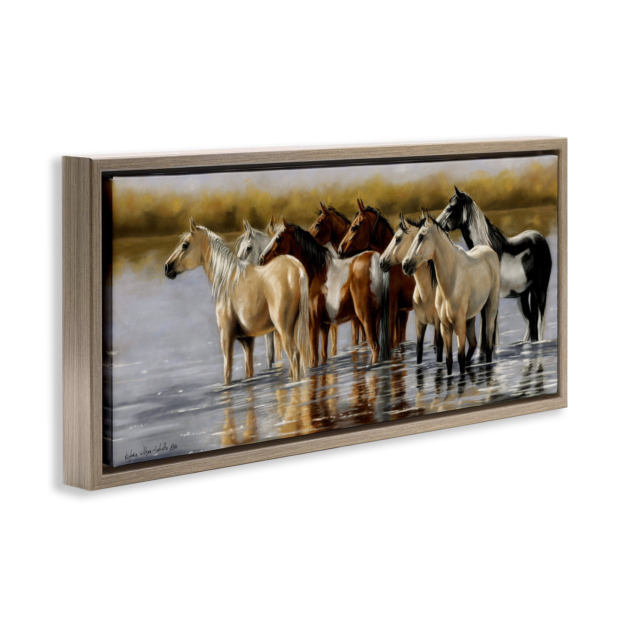 Stupell Industries Horse Herd Splashing Animals & Insects Painting Brown Floater Framed Canvas Art Print Wall Art, 31 x 14