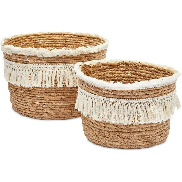 Set of 2 Round Boho Rope Woven Storage Baskets Bins Organizer with