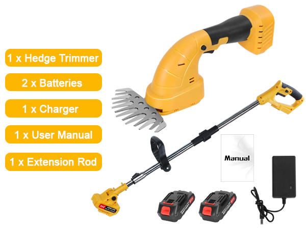 Dapmiu 2-in-1 Cordless Hedge Trimmer with Extension Pole, 21V Electric Grass Shear & Branch Cutter, 2 x 1500mAh Batteries, 30-40 Min Runtime for High Reach Pruning, Anti-Collision Safety Design.