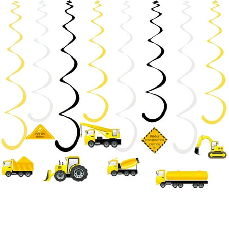 

16 Pcs Construction Truck Theme Swirl Hanging Ornament Dangling Spirals PVC Pendants Party Decoration for Kids (B)