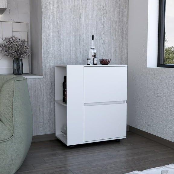 White Bar Cart Containing Two Pull-down Door Cabinets And 2 Open Shelf Units For Storage, 32.2"h X 25.8"w 14.7"d Compact, Laminated Particle Board, Swivel Wheels With Brake Functionality Shelving