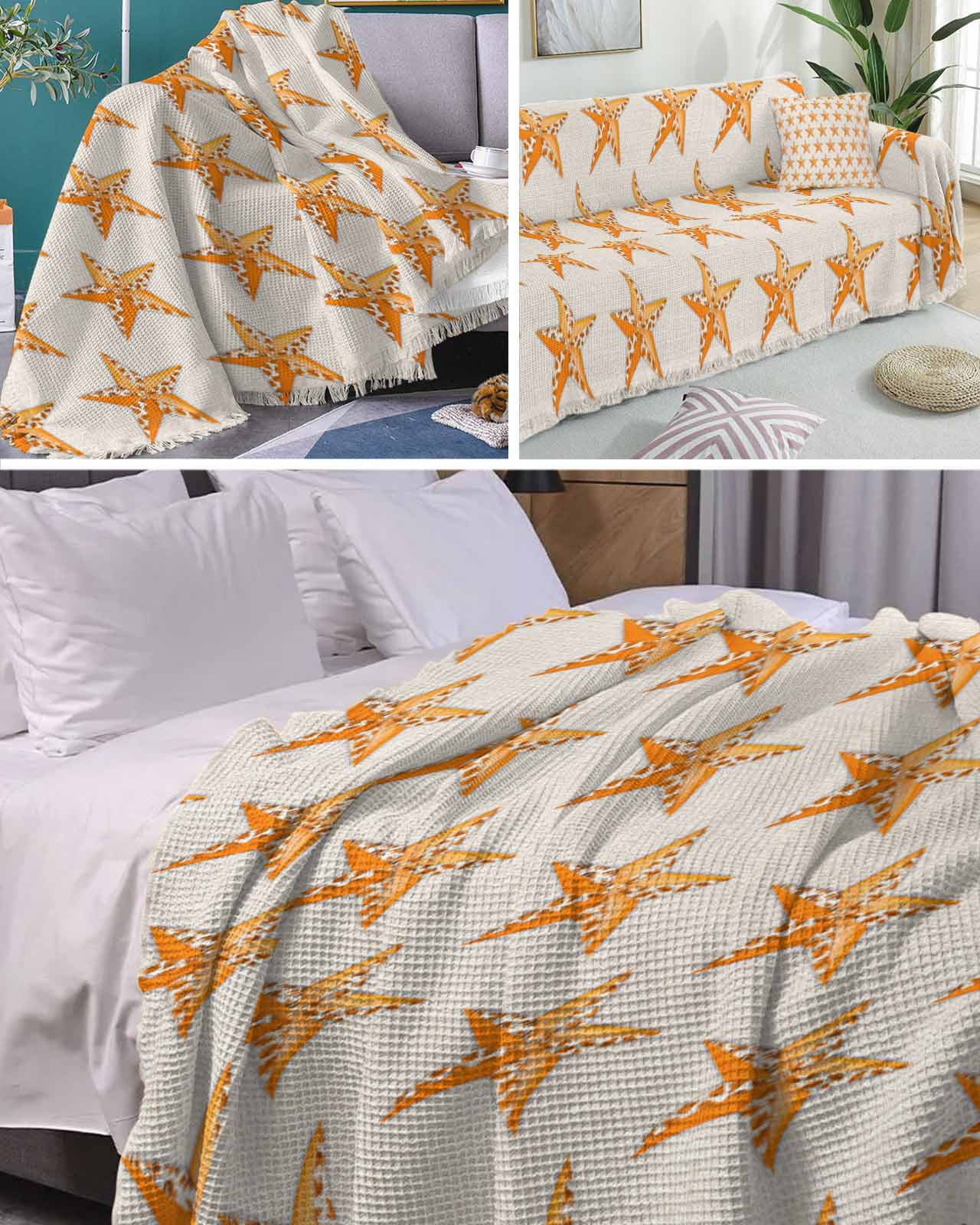 Fall Star Orange Leaves Sofa Couch Covers for Dog,Washable Sofa Throw Cover Single Slipcovers for Armchair with Tassels,Autumn Farmhouse Retro Beige Couch Protector Towel Blanket Medium 71''x91''