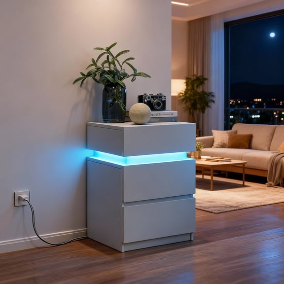 LEDREM LED Nightstand with 3 Drawers,Adjustable RGB Light Colors and Modes,Modern Bedside Table with Large Storage and Remote,Side Table,Cloud White