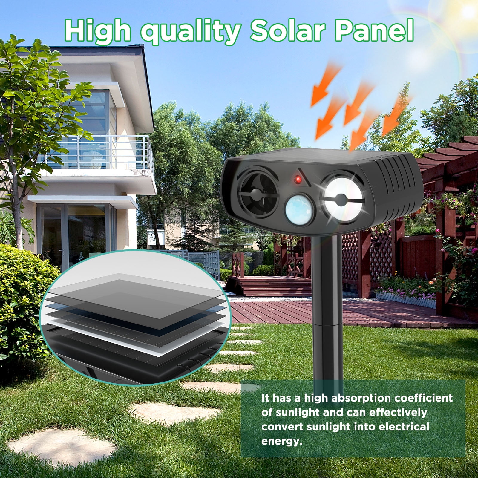 Solar Powered Animal Repeller, Ultrasonic Pest Deterrent with LED Strobe Light, Green, Motion Sensor, 14.8 Inch Stake, for Yard Garden 2 Packs