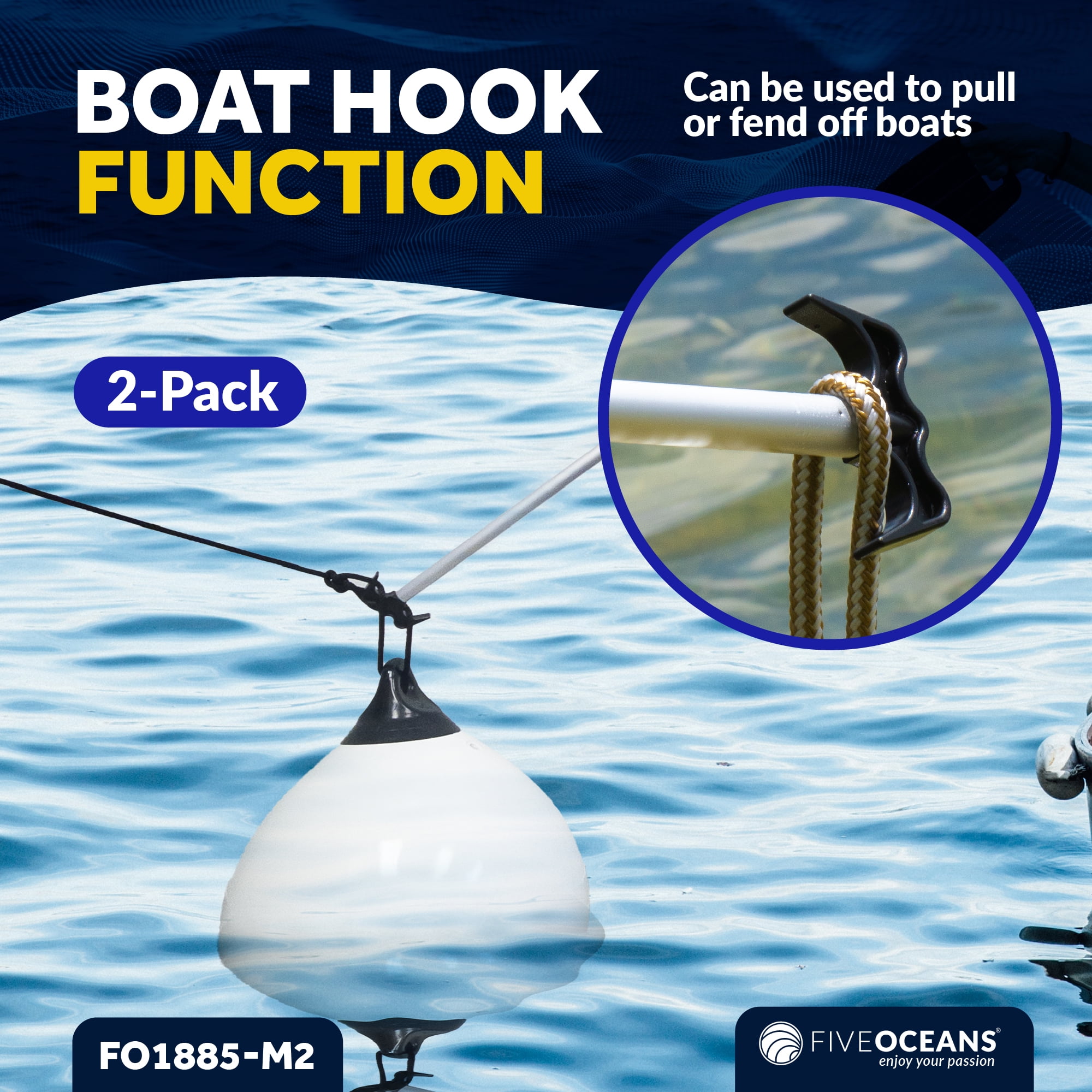 Five Oceans Canoe Paddle, 2-Pack Telescoping Canoe Paddles and Boat Hook, Black, Extend from 3.75 Ft. (45-inch) to 6 Ft.(72-inch), Aluminum Shaft, Reinforced Blade & Hook, Lightweight - FO1885-M2