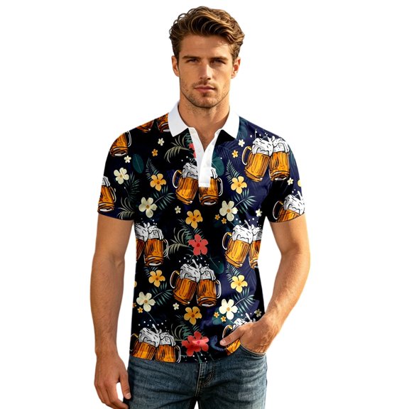 Men's Casual Polo Shirts Basic Short Sleeve Shirt Festival Print Button Down Shirts