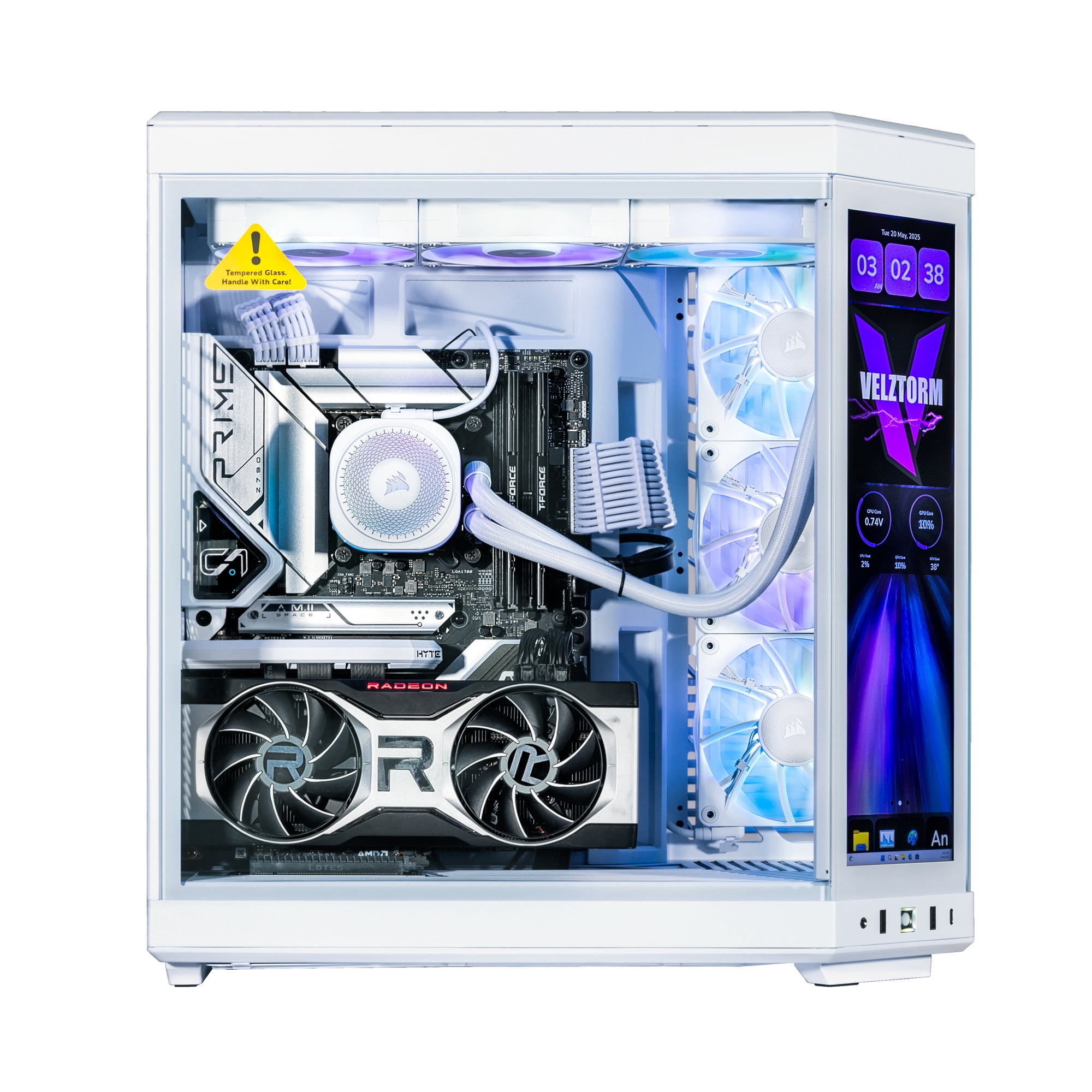 Velztorm LCD Praetix Custom Built Y70 Touch Gaming Desktop PC (Intel i9-14900K, Radeon RX 9070 XT, 32GB DDR5, 2TB PCIe SSD, 360mm AIO, 1000W PSU, WiFi 6, BT 5.2, RJ-45, Win 11 Home)