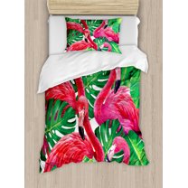 Flamingo Duvet Cover Set, Flamingos Sitting on Macro Tropic Exotic Leaves Graphic in Retro Style Art, Decorative 2 Piece Bedding Set with 1 Pillow Shams, Twin Size, Pink Green, by Ambesonne
